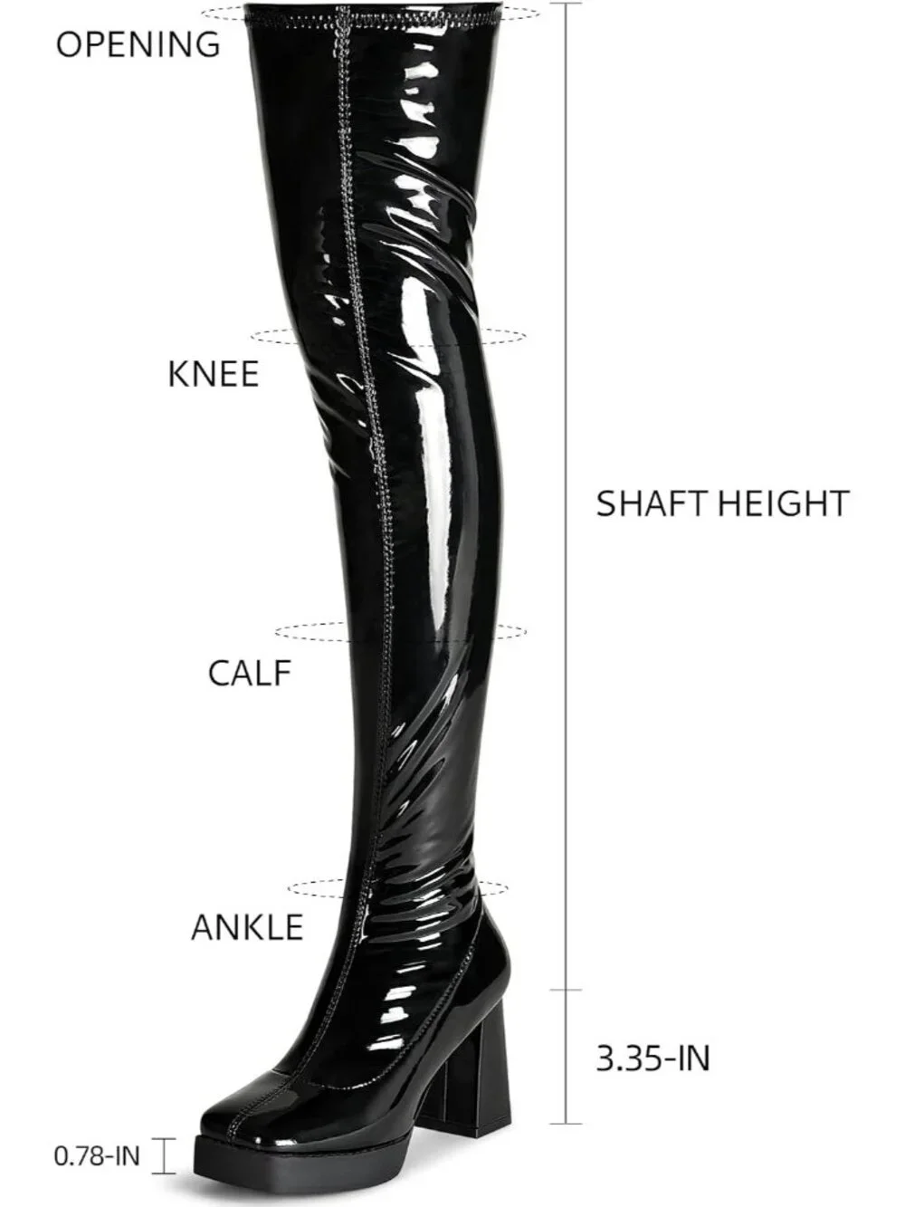 Women's Black Patent Leather PU Square Toe Chunky Heel Stretch Boots